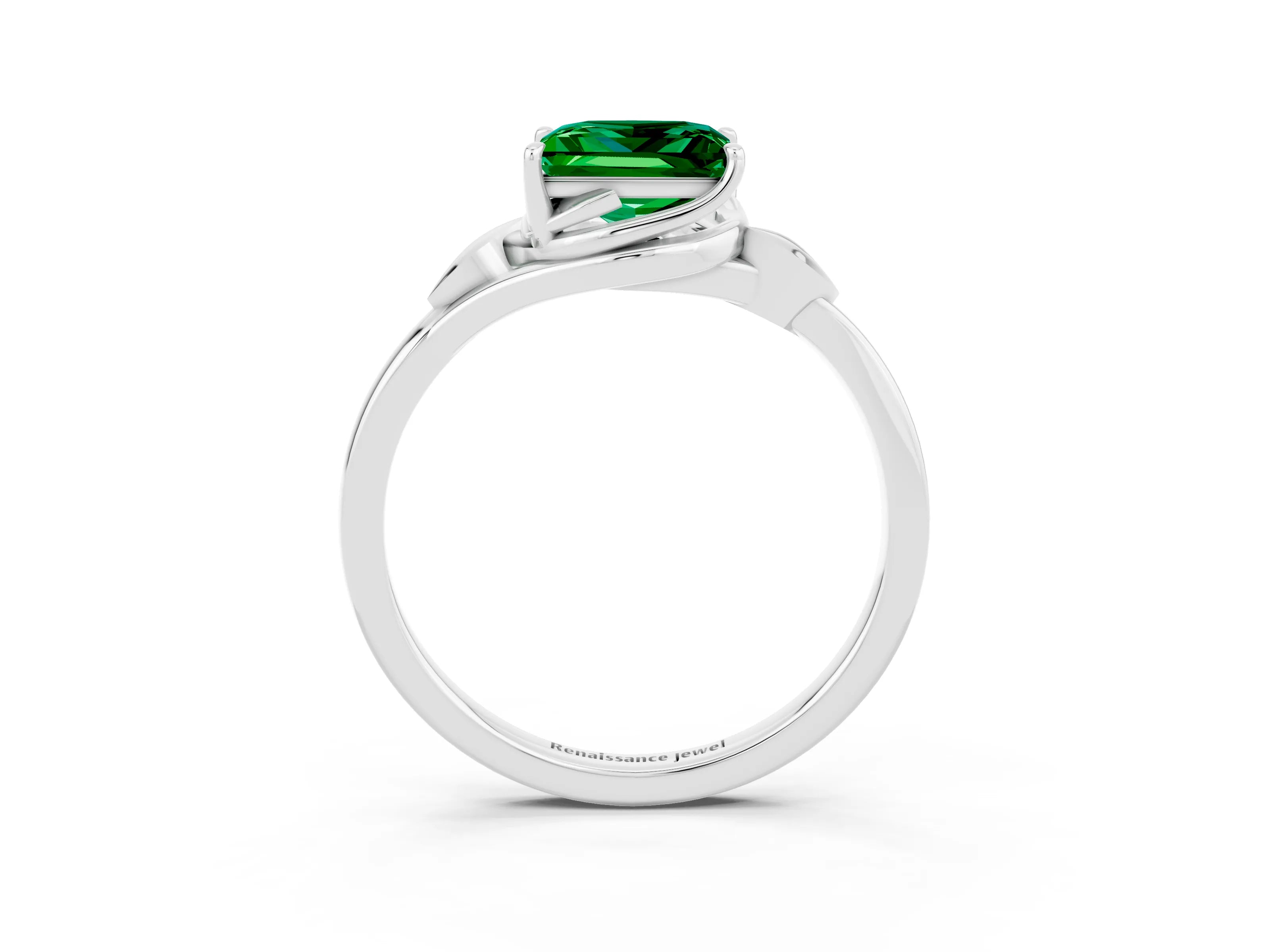 White gold Princess Cut Emerald Solitaire Ring with Twist Band and Four-Prong Setting_39