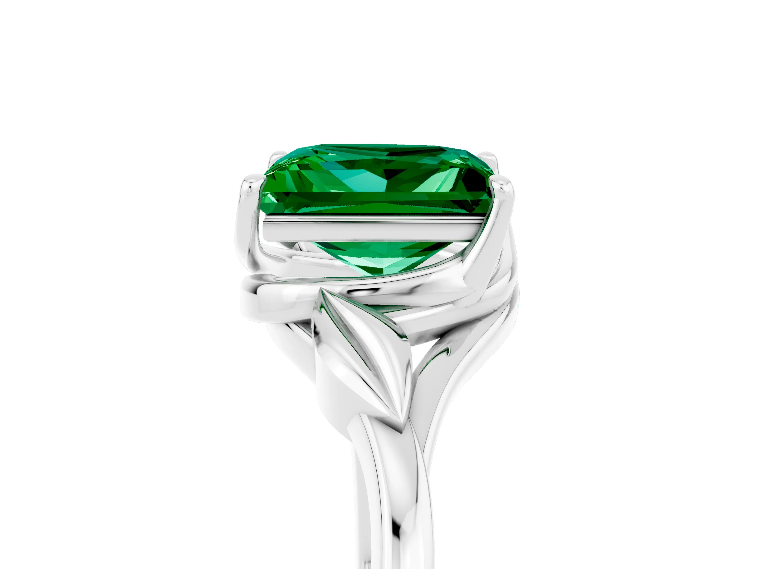 White gold Princess Cut Emerald Solitaire Ring with Twist Band and Four-Prong Setting_41