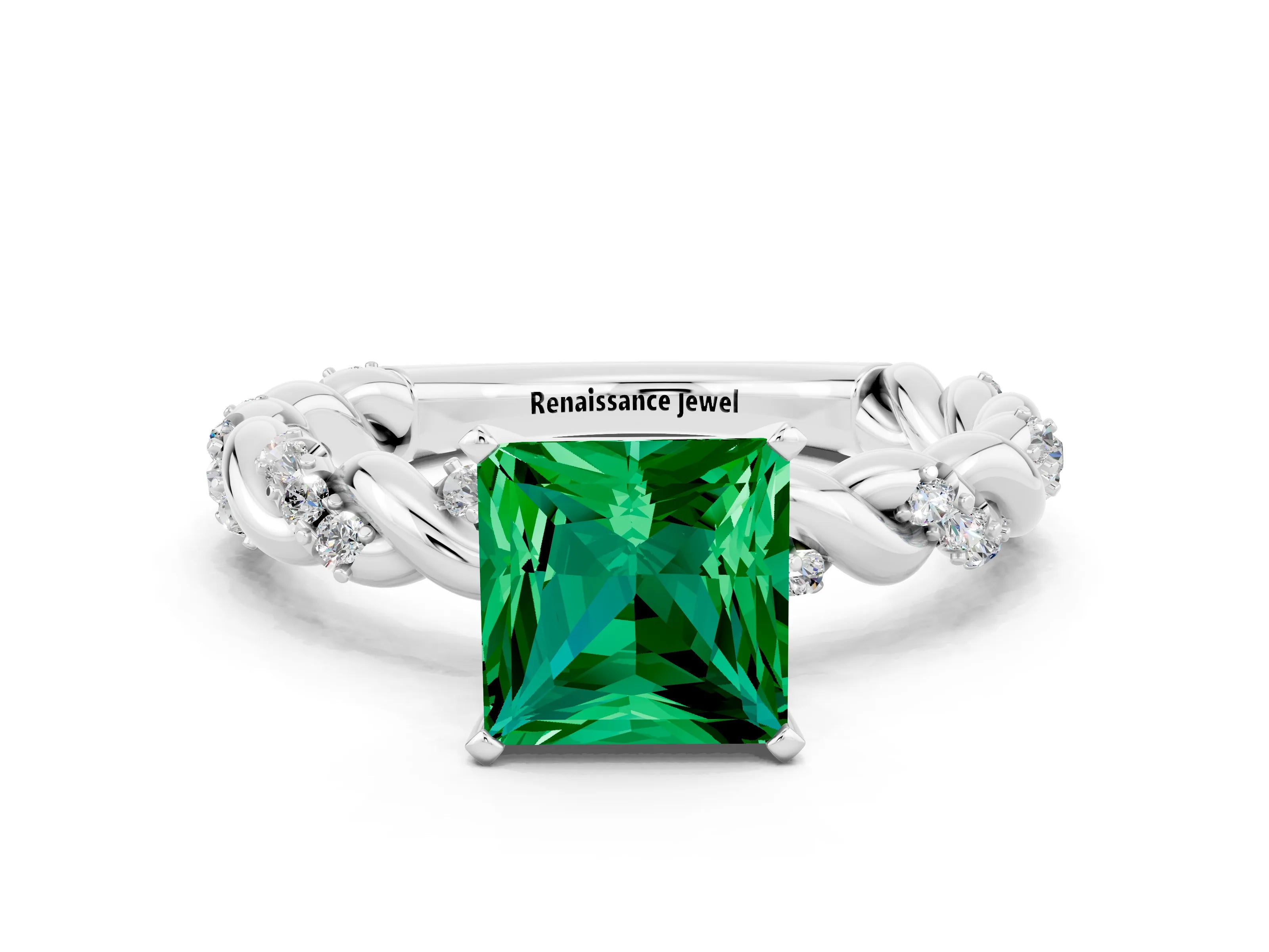White gold Princess Cut Emerald Solitaire Ring with Twisted Band and Pavé Accents
