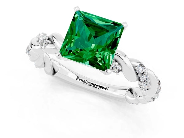 White gold Princess Cut Emerald Solitaire Ring with Twisted Band and Pavé Accents