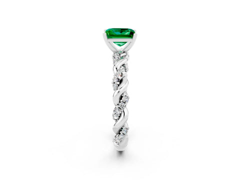White gold Princess Cut Emerald Solitaire Ring with Twisted Band and Pavé Accents_2