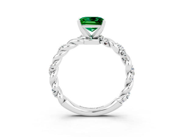 Silver Princess Cut Emerald Solitaire Ring with Twisted Band and Pavé Accents