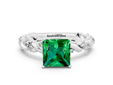 White gold Princess Cut Emerald Solitaire Ring with Twisted Band and Pavé Accents