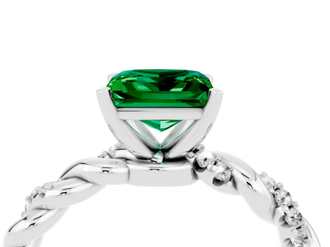 White gold Princess Cut Emerald Solitaire Ring with Twisted Band and Pavé Accents_4