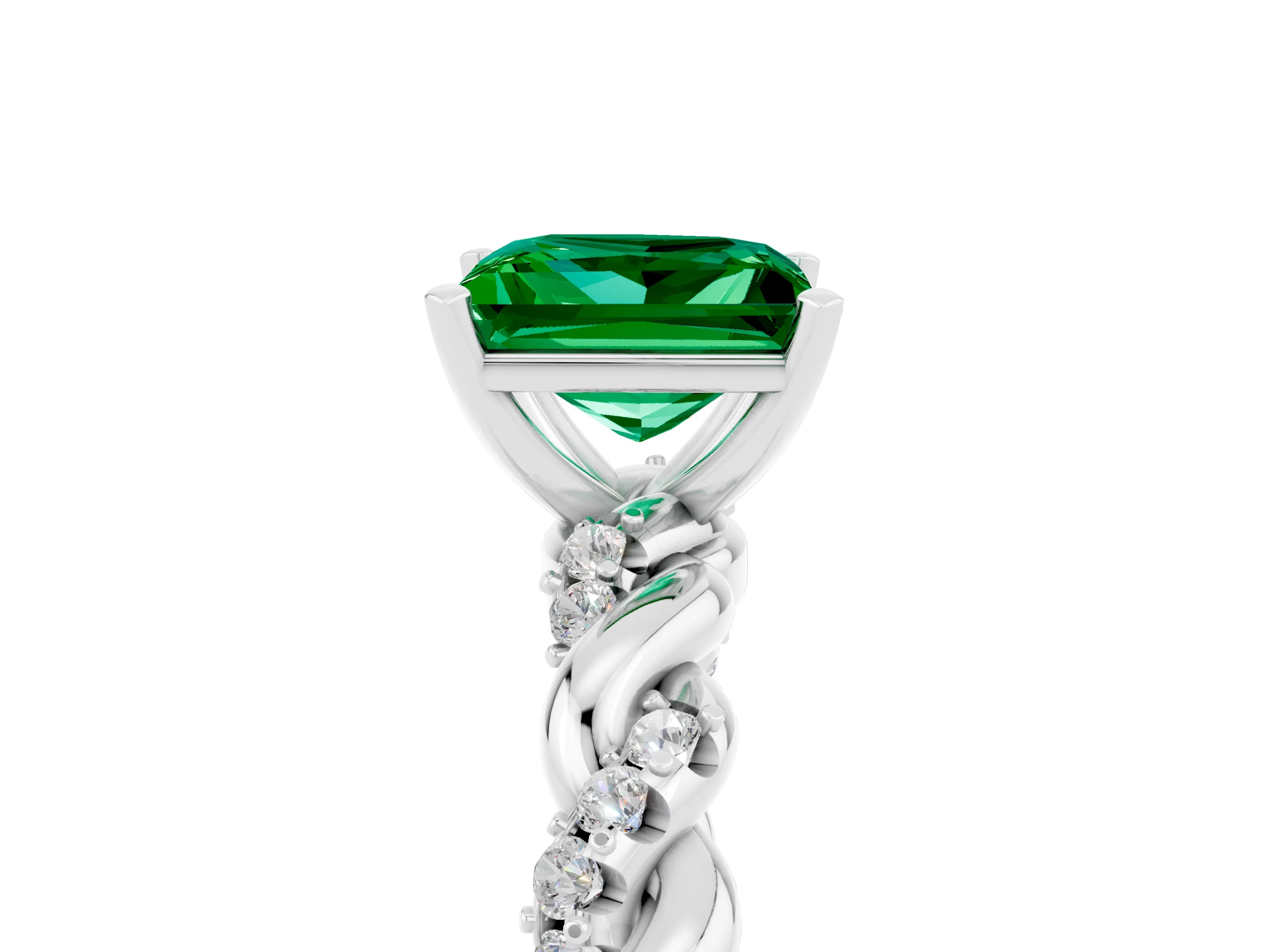 White gold Princess Cut Emerald Solitaire Ring with Twisted Band and Pavé Accents_5