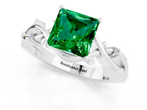 White gold Princess Cut Emerald Solitaire Ring with Twisted Band and Prong Setting_13