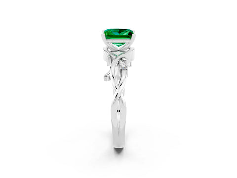 White gold Princess Cut Emerald Solitaire Ring with Twisted Band and Prong Setting_14