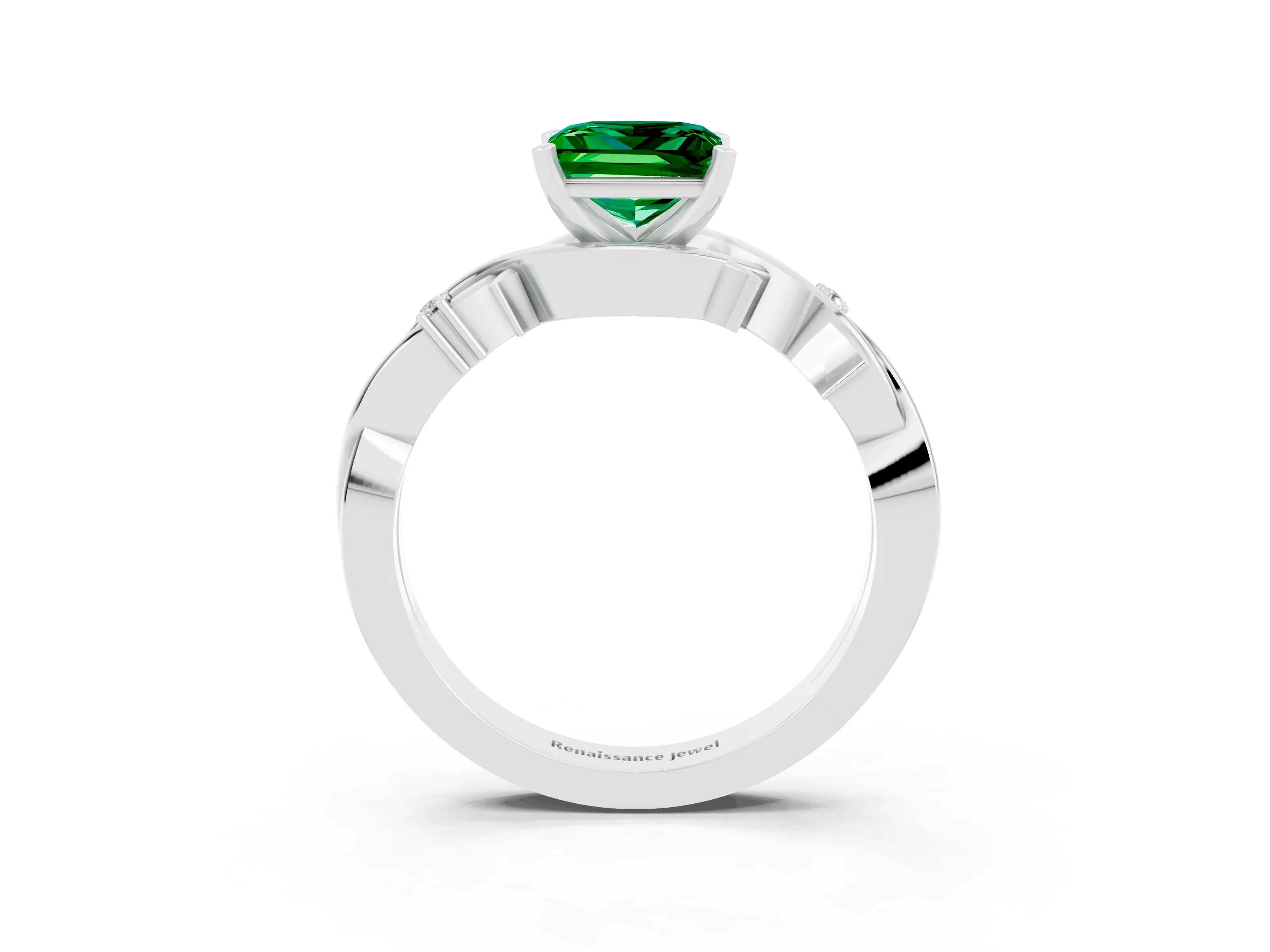 White gold Princess Cut Emerald Solitaire Ring with Twisted Band and Prong Setting_15