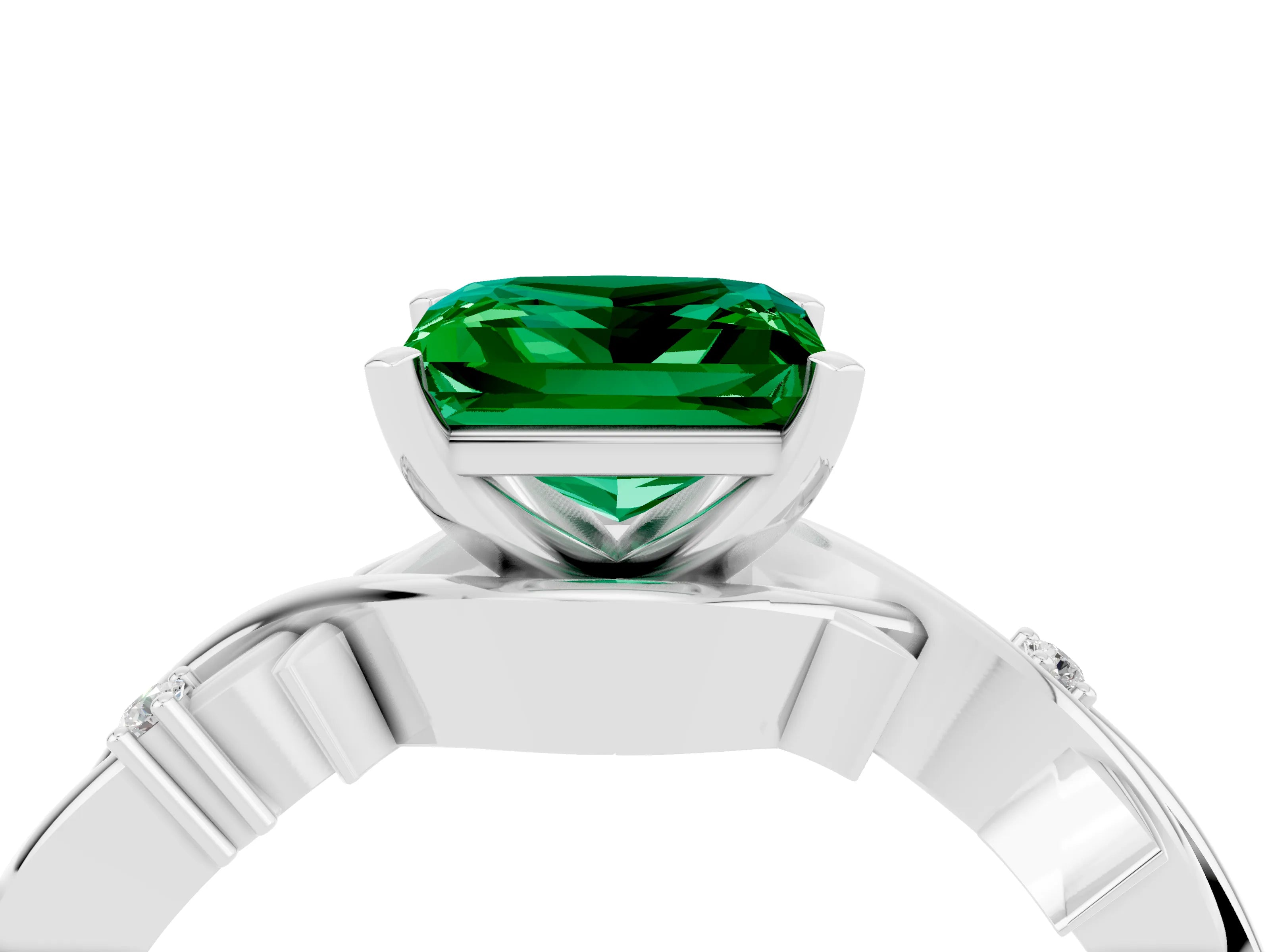 White gold Princess Cut Emerald Solitaire Ring with Twisted Band and Prong Setting_4