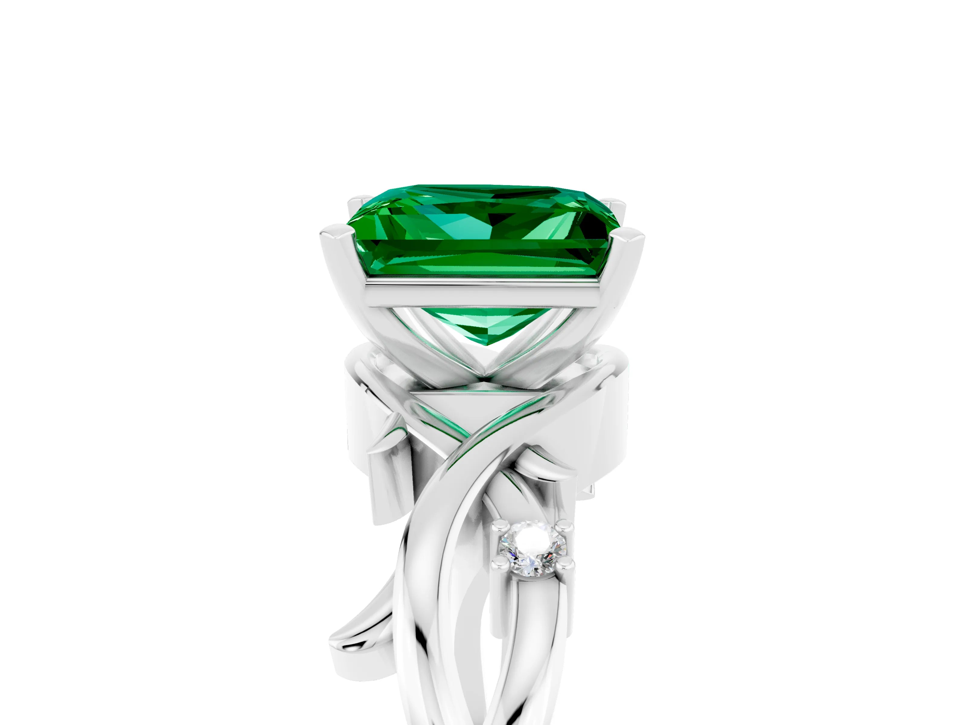 White gold Princess Cut Emerald Solitaire Ring with Twisted Band and Prong Setting_5