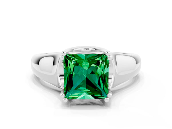 Silver Princess Cut Emerald Solitaire Ring with Wide Band and Prong Setting