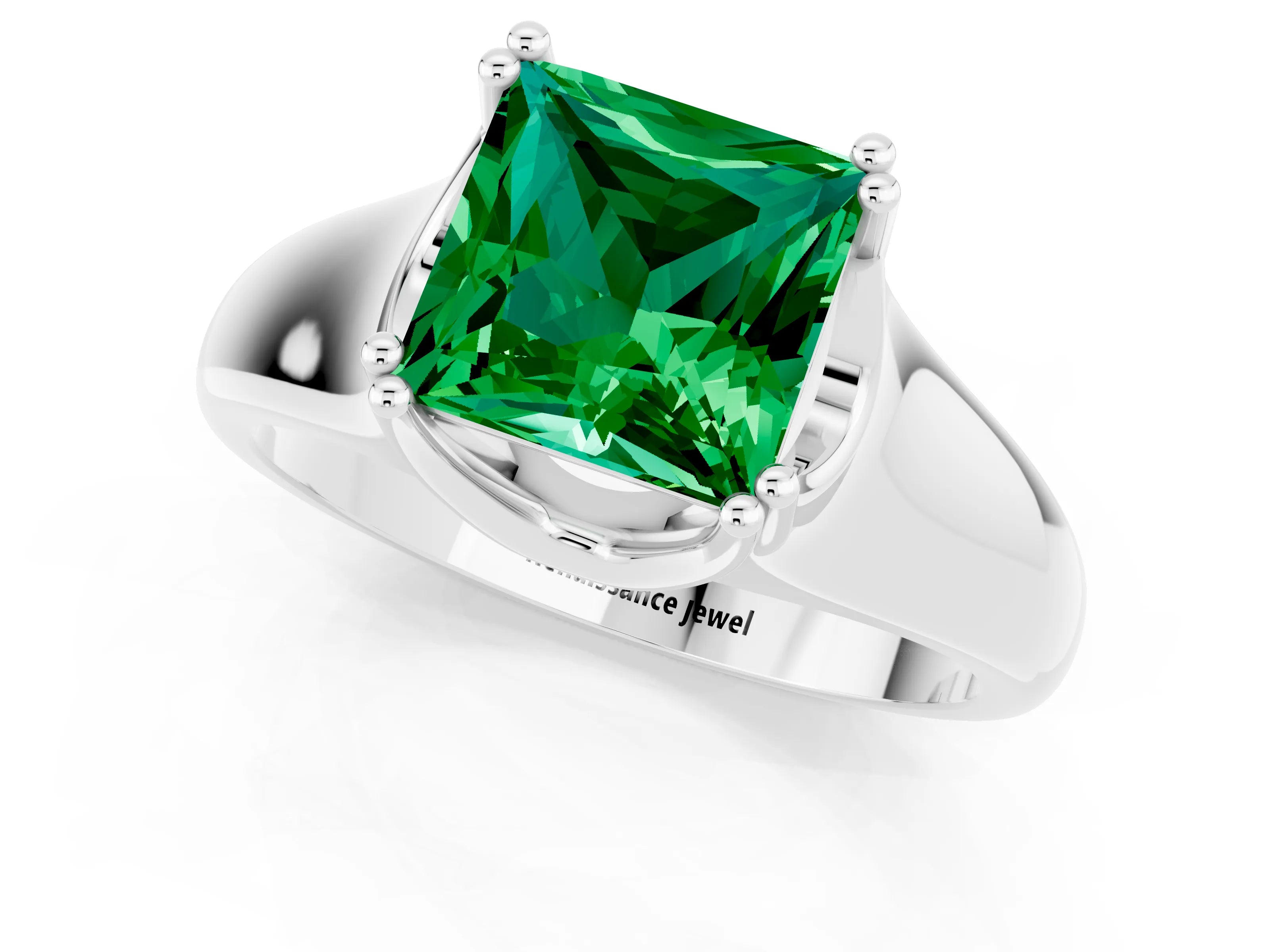 White gold Princess Cut Emerald Solitaire Ring with Wide Band and Prong Setting_1