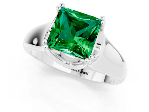 White gold Princess Cut Emerald Solitaire Ring with Wide Band and Prong Setting_1
