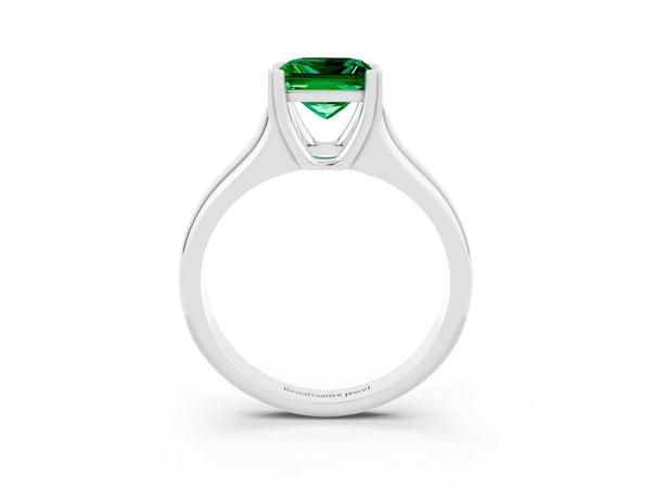Platinum Princess Cut Emerald Solitaire Ring with Wide Band and Prong Setting