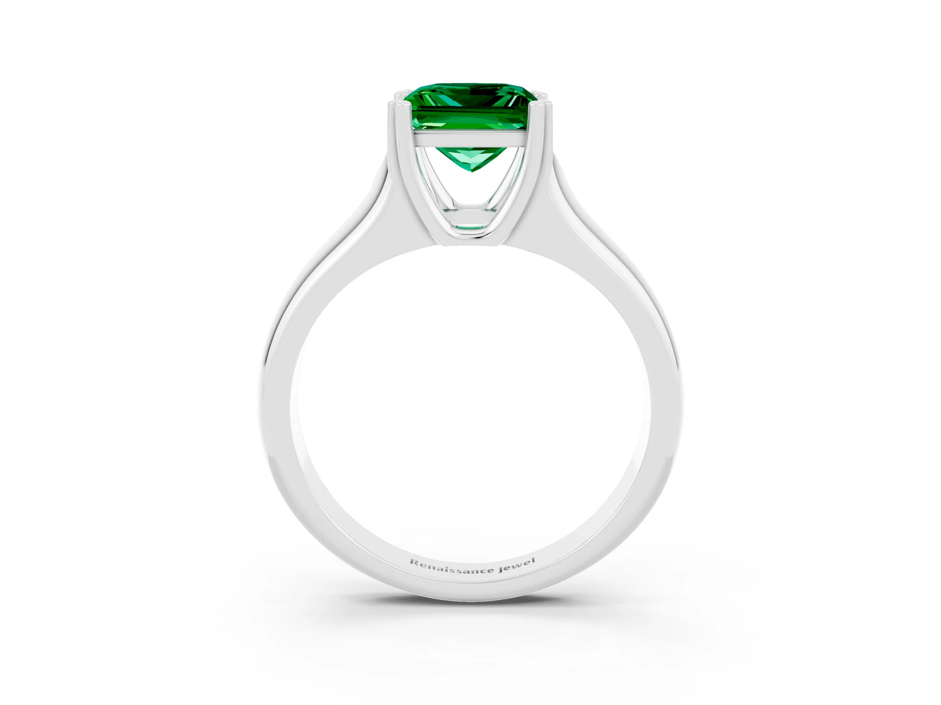 White gold Princess Cut Emerald Solitaire Ring with Wide Band and Prong Setting_3