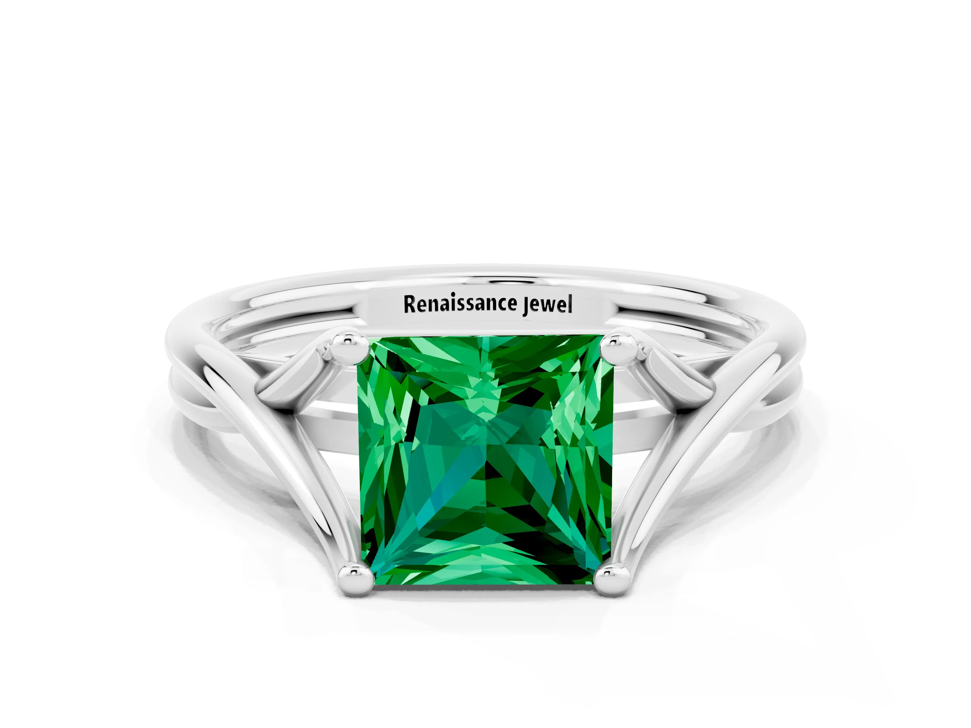 White gold Princess Cut Emerald Solitaire Twist Band Prong Setting Ring_36