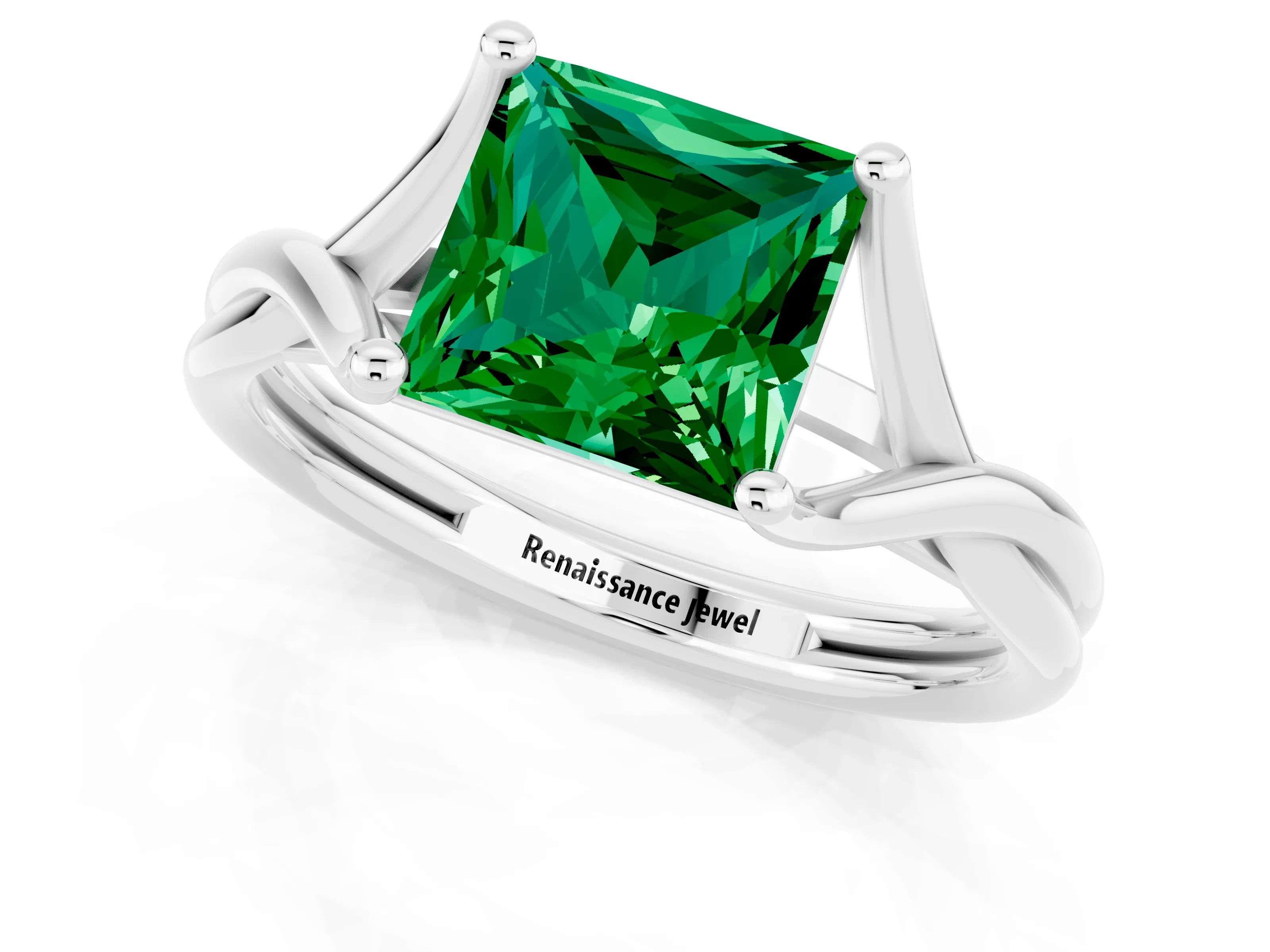White gold Princess Cut Emerald Solitaire Twist Band Prong Setting Ring_37