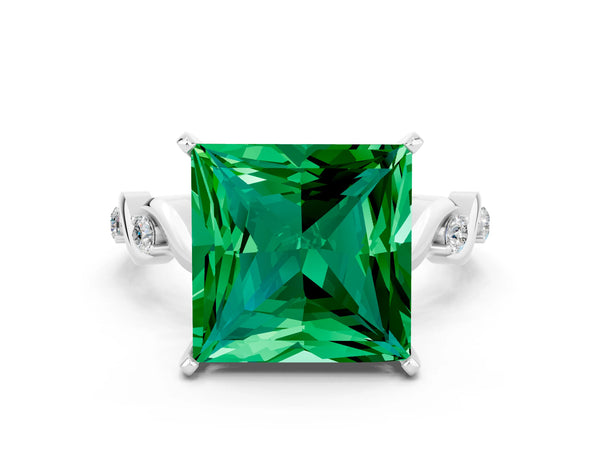 Platinum Princess Cut Emerald Solitaire Twisted Band with Round  Accents and Prong Setting
