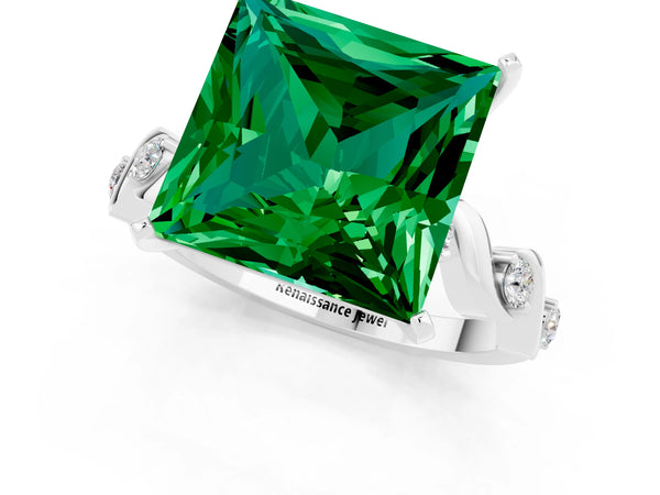Platinum Princess Cut Emerald Solitaire Twisted Band with Round  Accents and Prong Setting