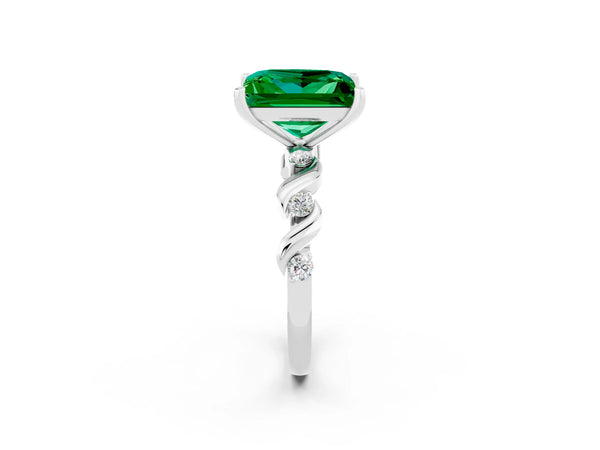 Platinum Princess Cut Emerald Solitaire Twisted Band with Round  Accents and Prong Setting