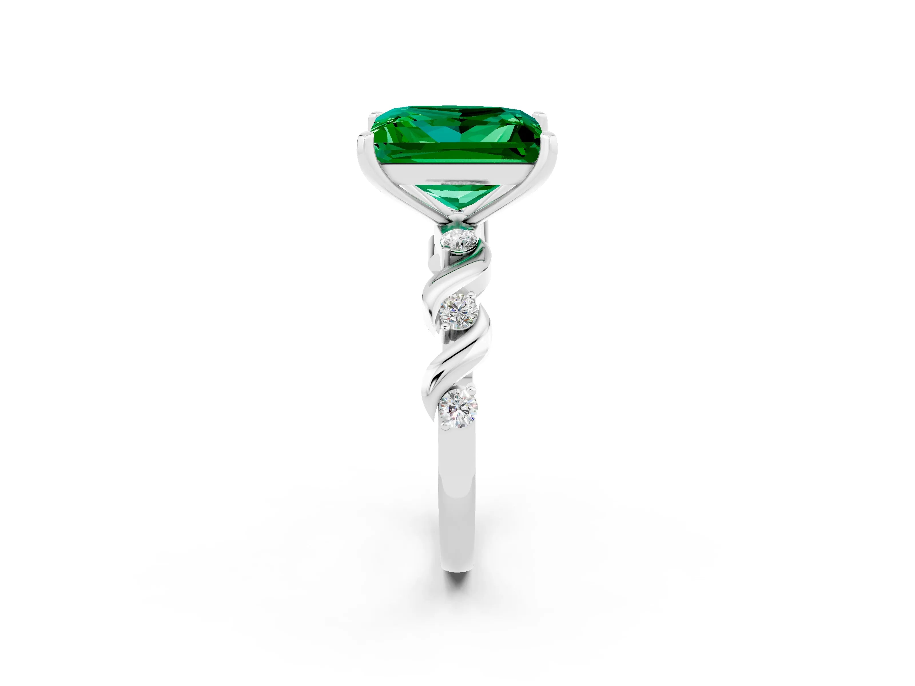 White gold Princess Cut Emerald Solitaire Twisted Band with Round  Accents and Prong Setting_14