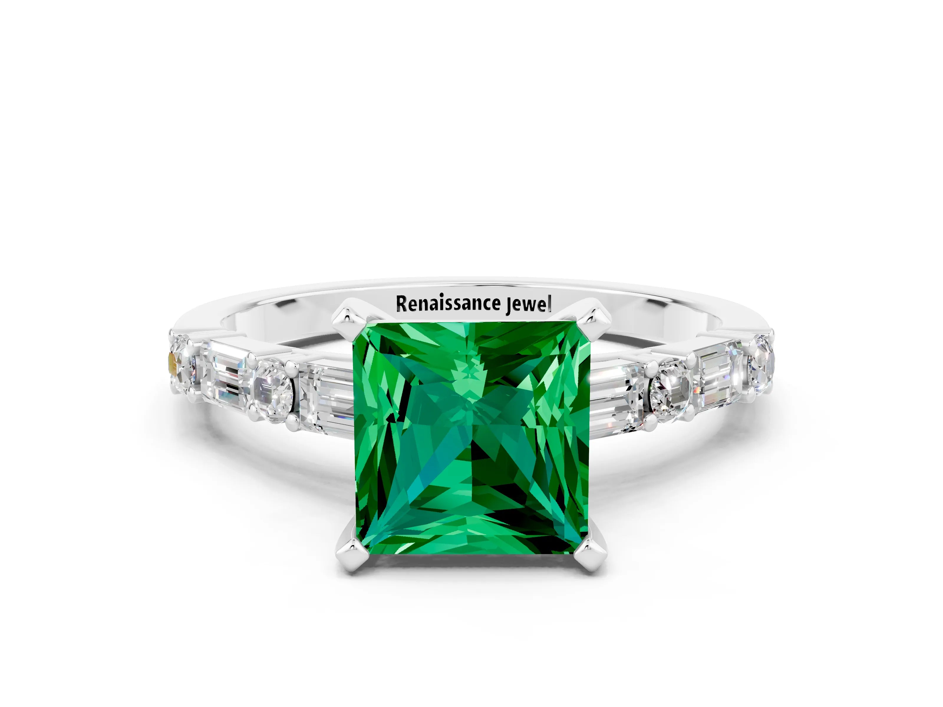 White gold Princess Cut Emerald Solitaire with Side Baguettes and Channel Set Band