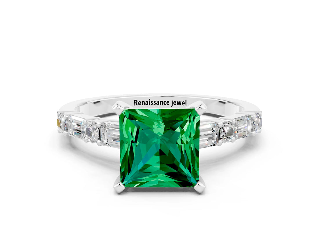White gold Princess Cut Emerald Solitaire with Side Baguettes and Channel Set Band