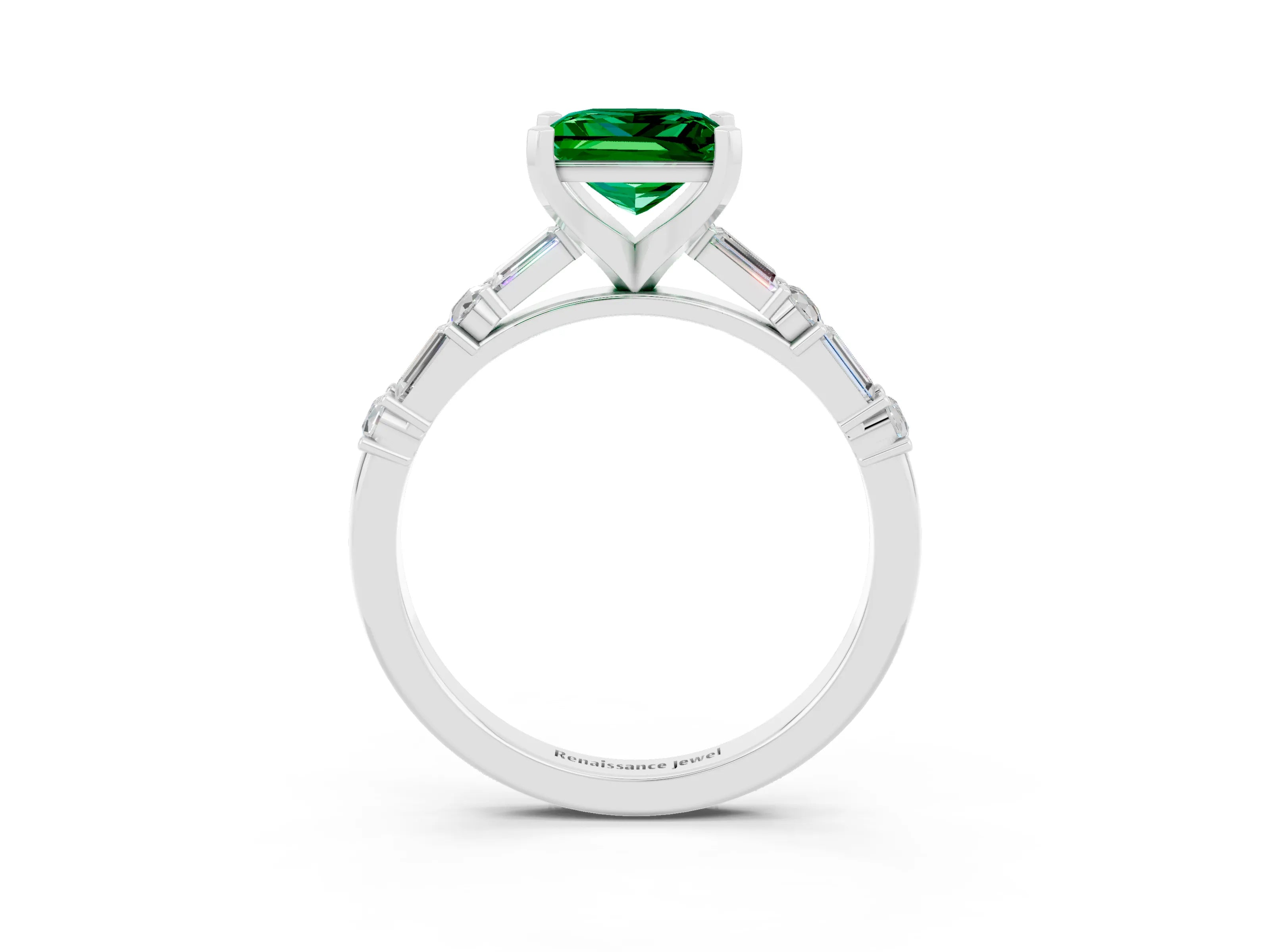 White gold Princess Cut Emerald Solitaire with Side Baguettes and Channel Set Band_3