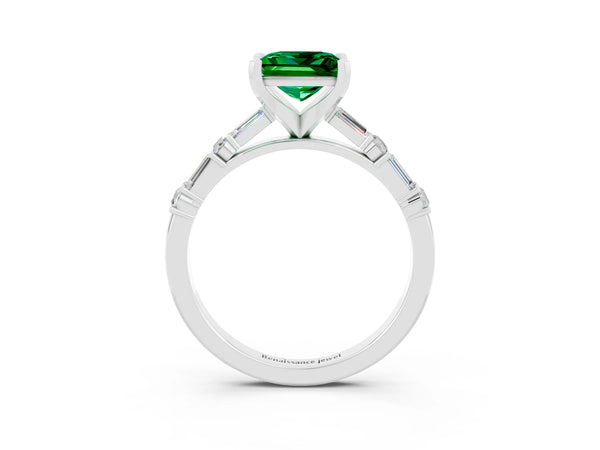 White gold Princess Cut Emerald Solitaire with Side Baguettes and Channel Set Band