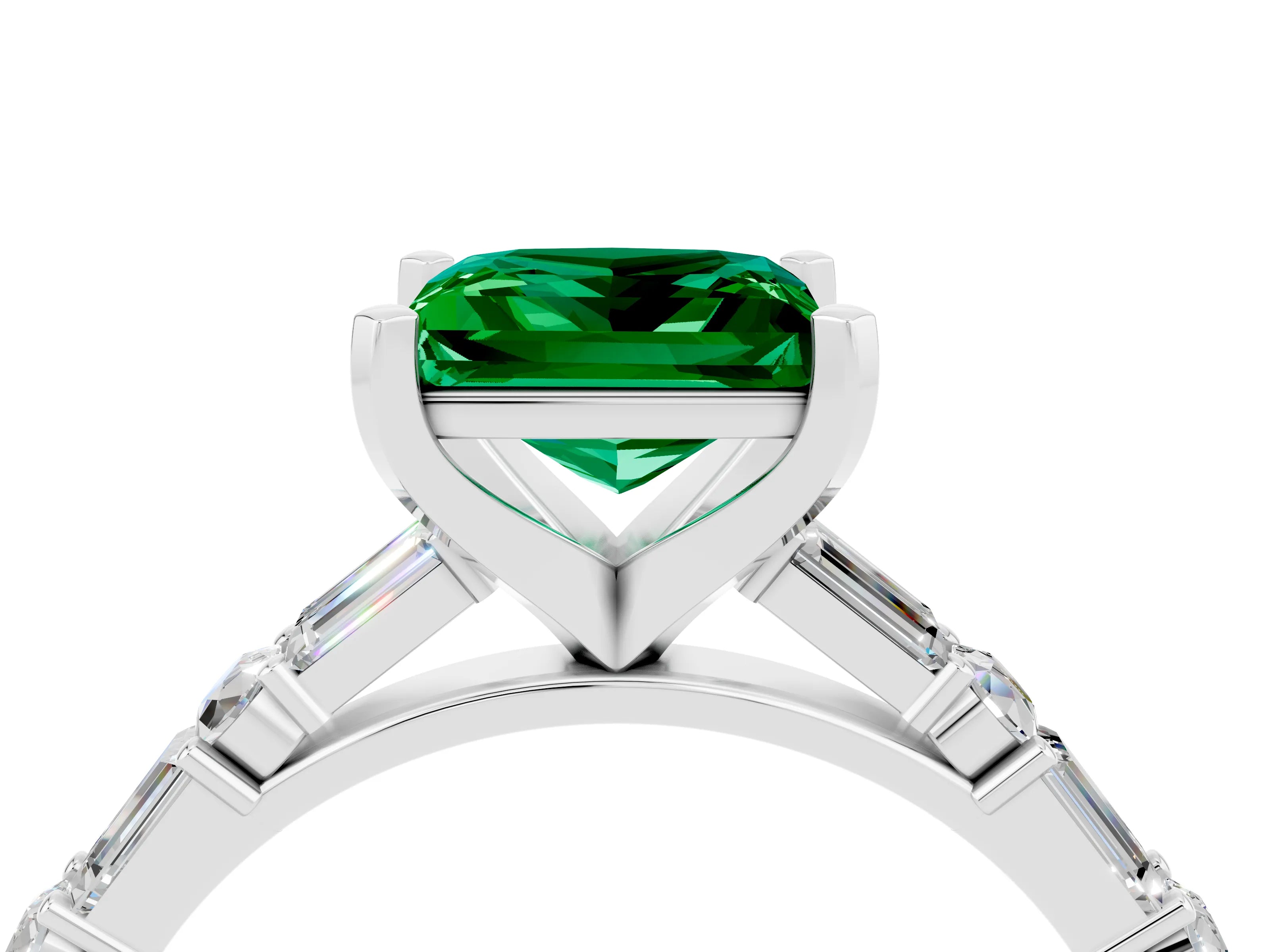 White gold Princess Cut Emerald Solitaire with Side Baguettes and Channel Set Band_4
