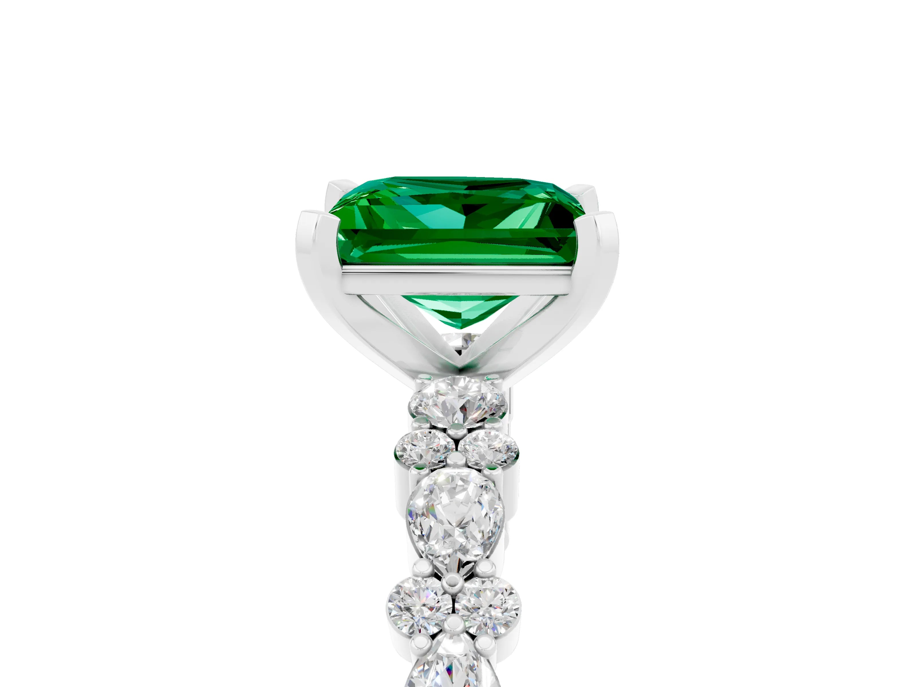 White gold Princess Cut Emerald Solitaire with Side Stones, Pave Band, Four-Prong Setting_17