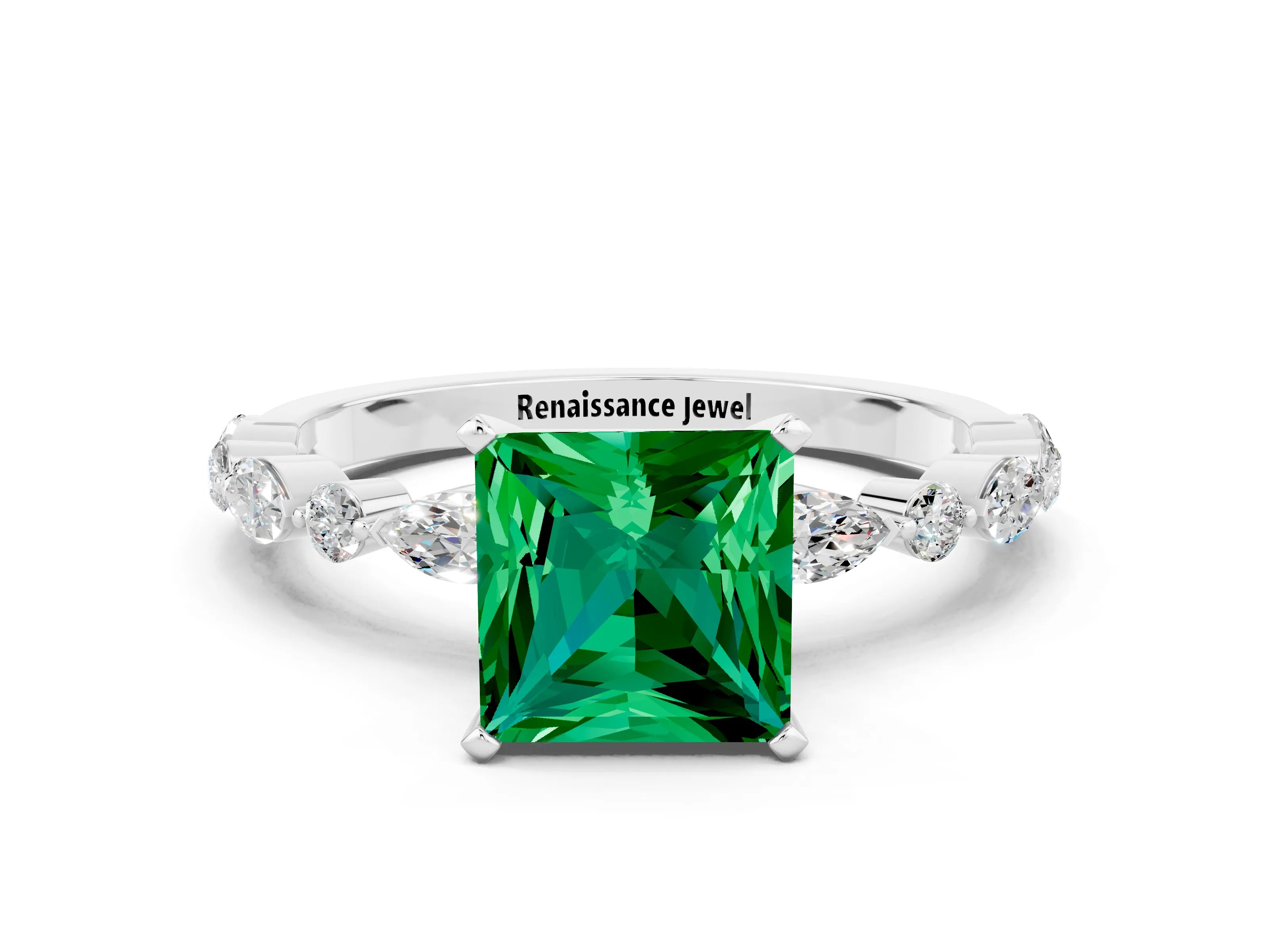 White gold Princess Cut Emerald Solitaire with Side Stones on a Pavé Band and Four-Prong Setting