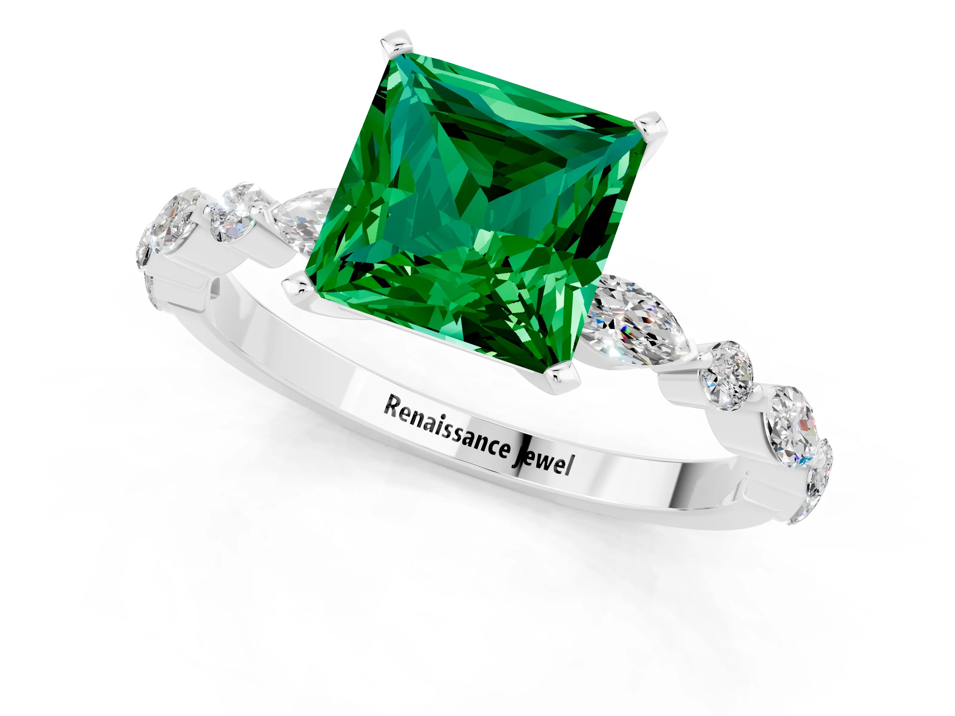 White gold Princess Cut Emerald Solitaire with Side Stones on a Pavé Band and Four-Prong Setting_1