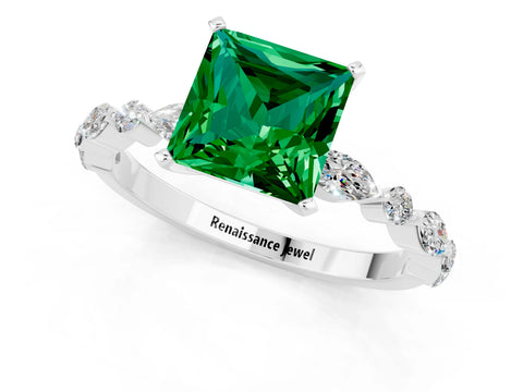 White gold Princess Cut Emerald Solitaire with Side Stones on a Pavé Band and Four-Prong Setting_1
