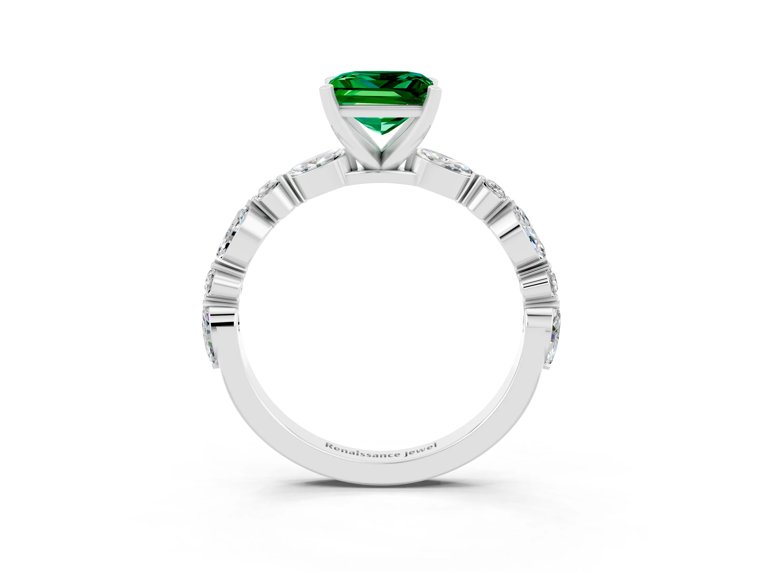 White gold Princess Cut Emerald Solitaire with Side Stones on a Pavé Band and Four-Prong Setting_3