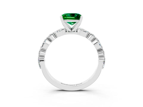 White gold Princess Cut Emerald Solitaire with Side Stones on a Pavé Band and Four-Prong Setting_3