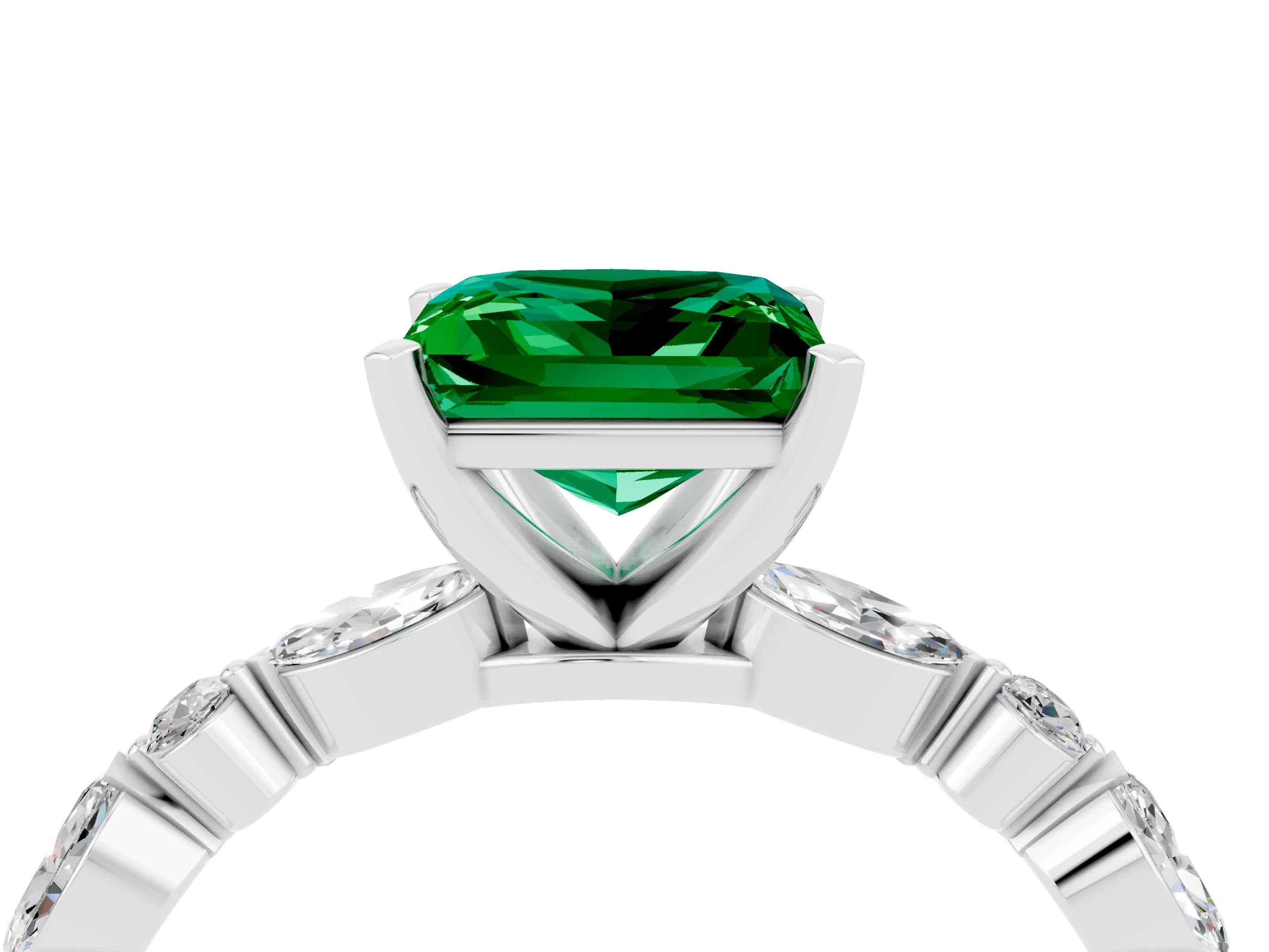 White gold Princess Cut Emerald Solitaire with Side Stones on a Pavé Band and Four-Prong Setting_4