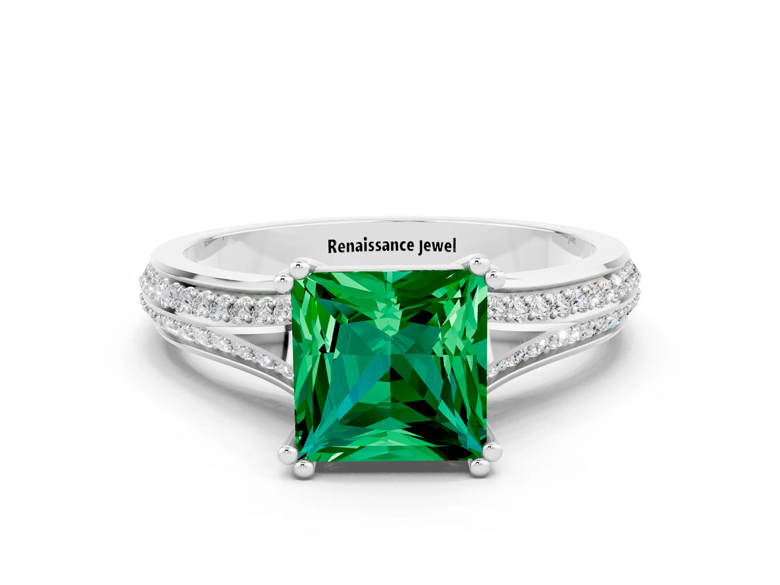 White gold Princess Cut Emerald Split Shank Engagement Ring with Pavé Band