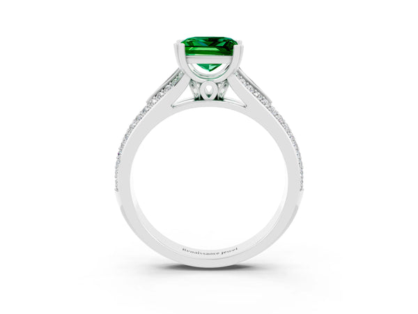 White gold Princess Cut Emerald Split Shank Engagement Ring with Pavé Band