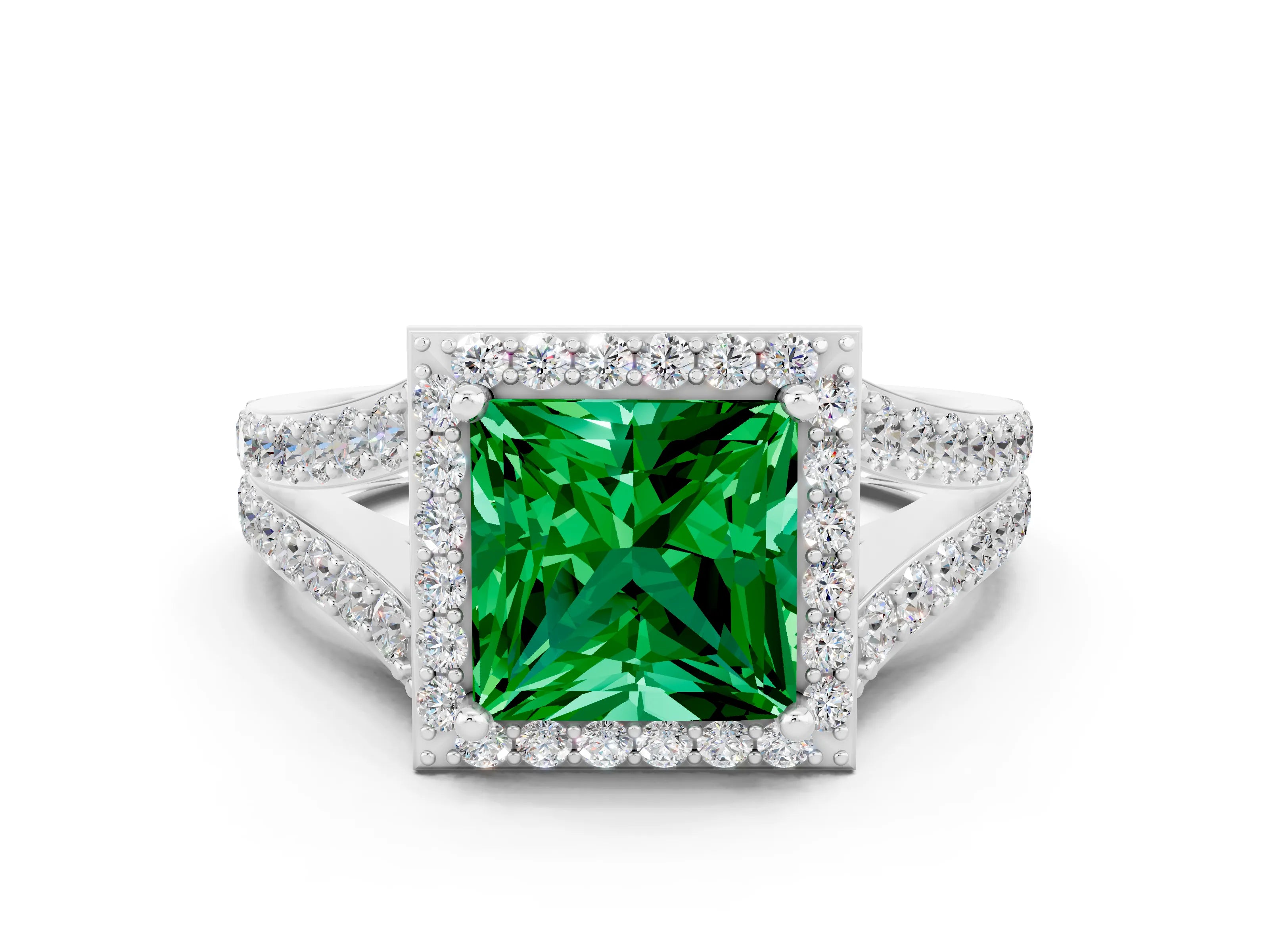 White gold Princess Cut Emerald Split Shank Halo Ring with Four-Prong Setting_60