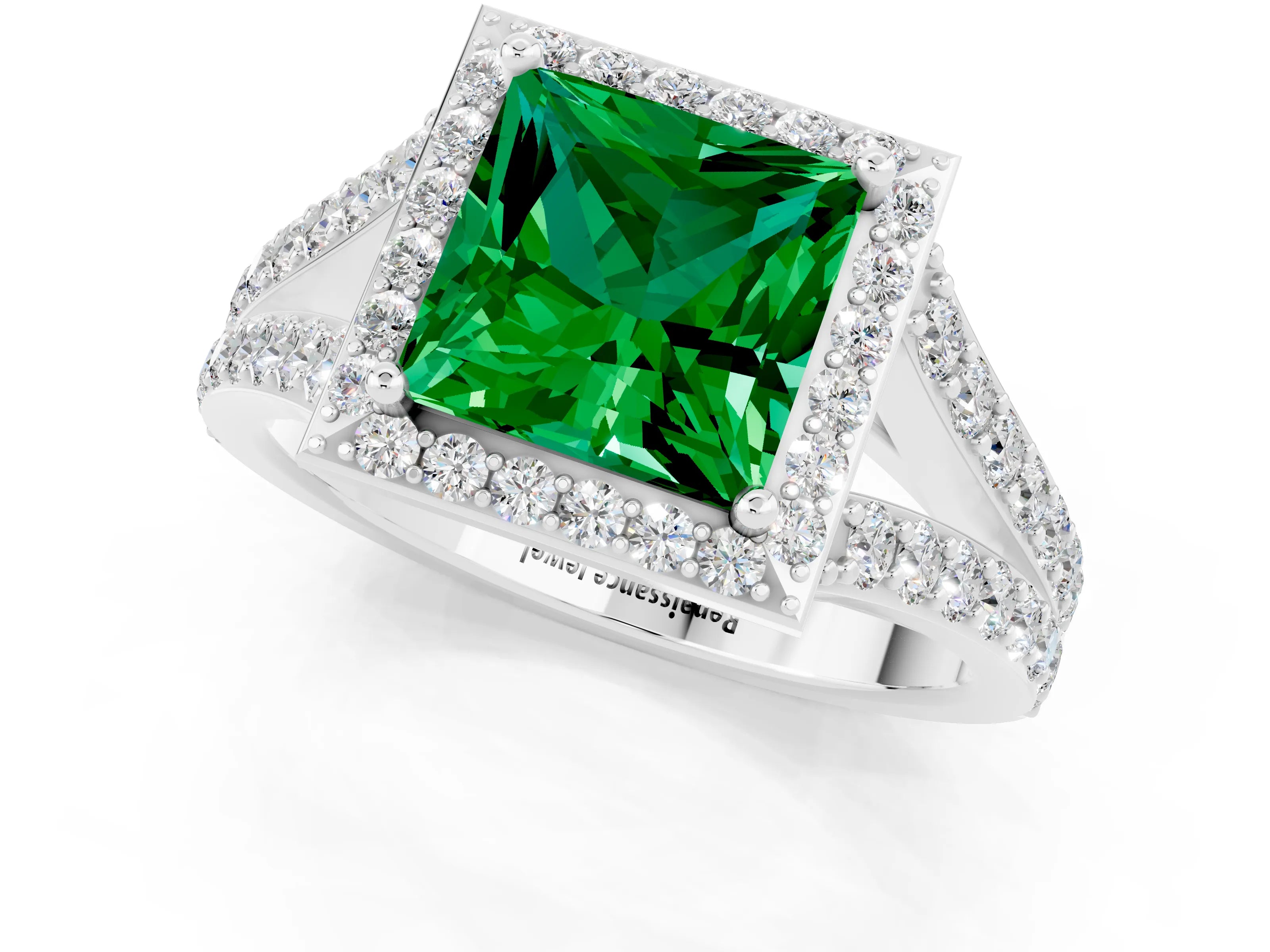 White gold Princess Cut Emerald Split Shank Halo Ring with Four-Prong Setting_61