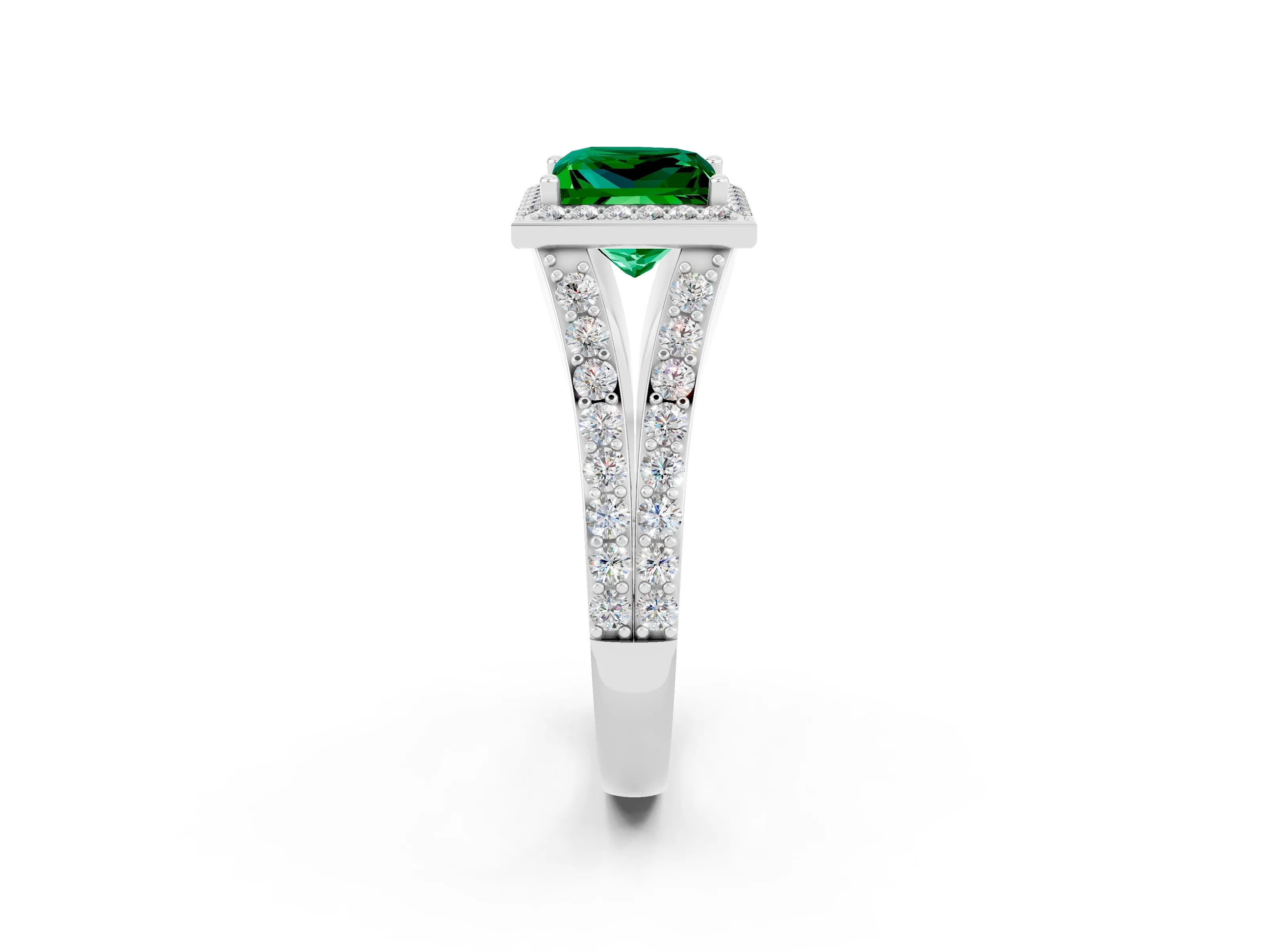 White gold Princess Cut Emerald Split Shank Halo Ring with Four-Prong Setting_62