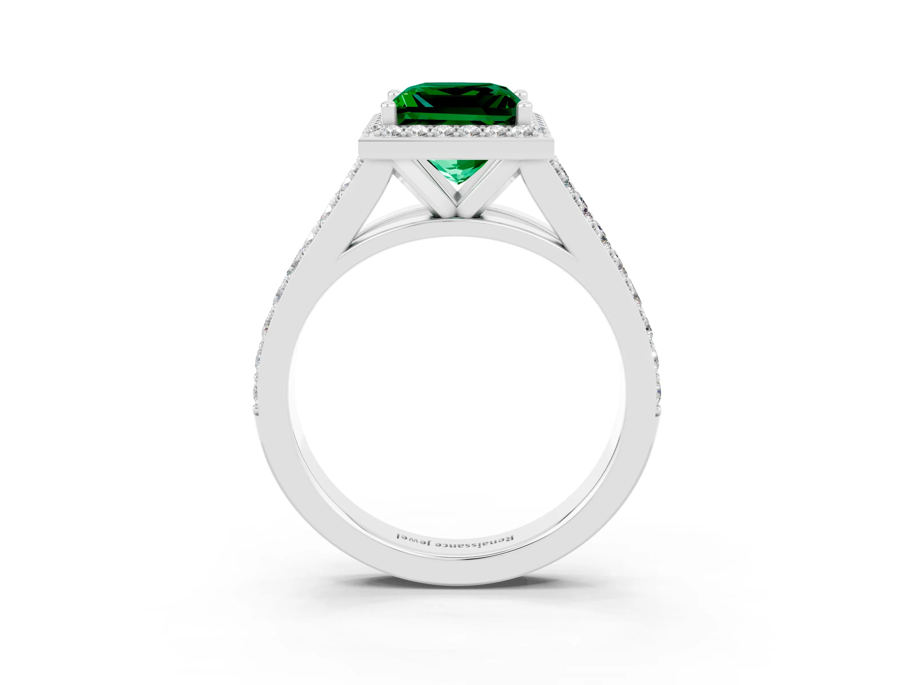 White gold Princess Cut Emerald Split Shank Halo Ring with Four-Prong Setting_63