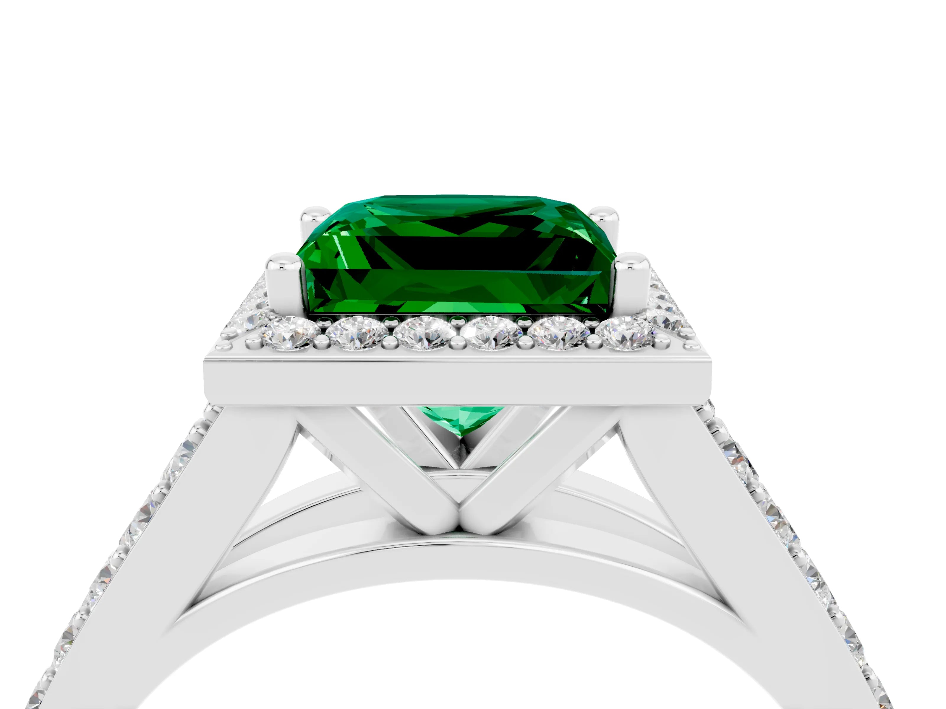 White gold Princess Cut Emerald Split Shank Halo Ring with Four-Prong Setting_66