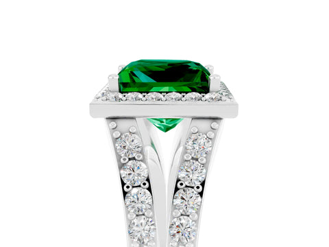 White gold Princess Cut Emerald Split Shank Halo Ring with Four-Prong Setting_67