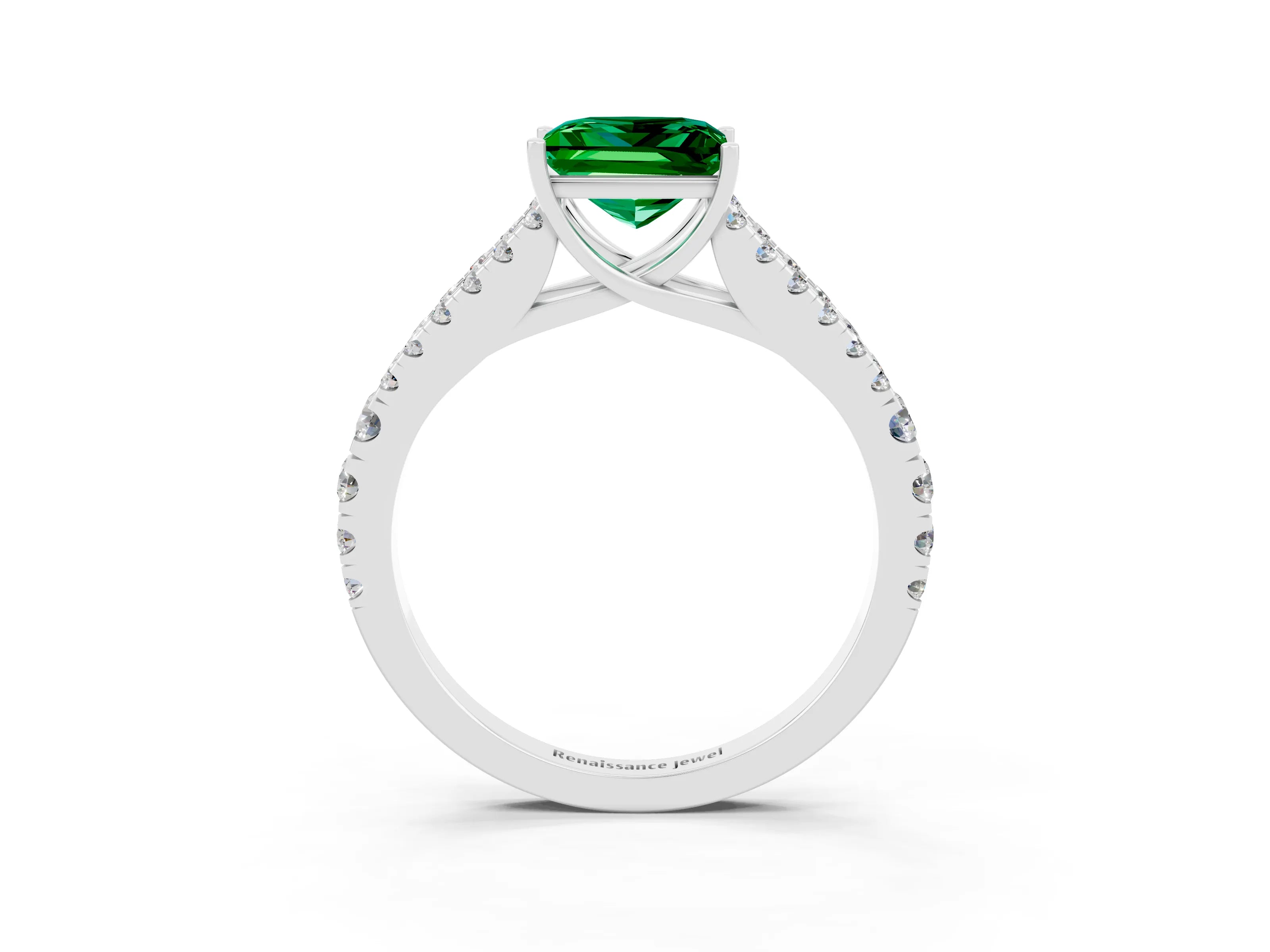 White gold Princess Cut Emerald Split Shank Pavé Engagement Ring with Four-Prong Setting_15