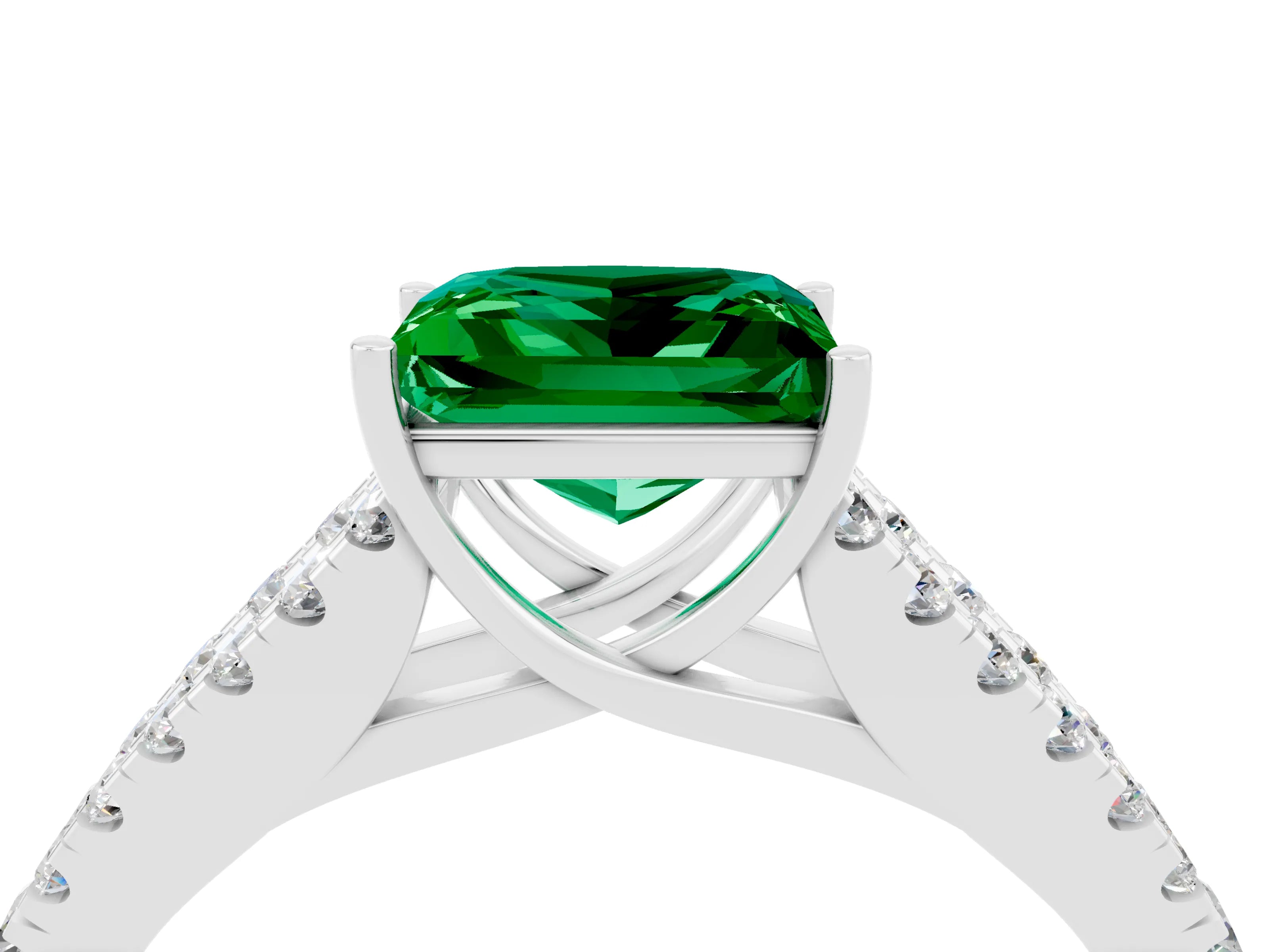 White gold Princess Cut Emerald Split Shank Pavé Engagement Ring with Four-Prong Setting_16