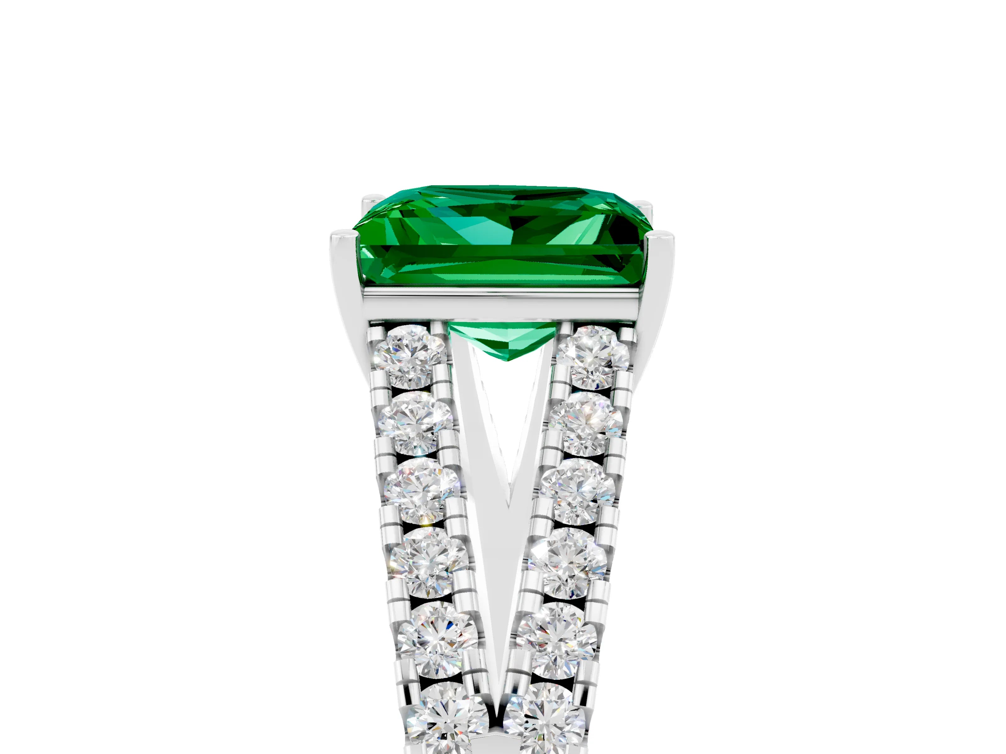 White gold Princess Cut Emerald Split Shank Pavé Engagement Ring with Four-Prong Setting_17