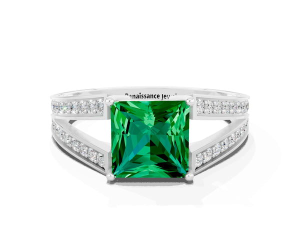 Platinum Princess Cut Emerald Split Shank Ring with Pavé Band and Four-Prong Setting