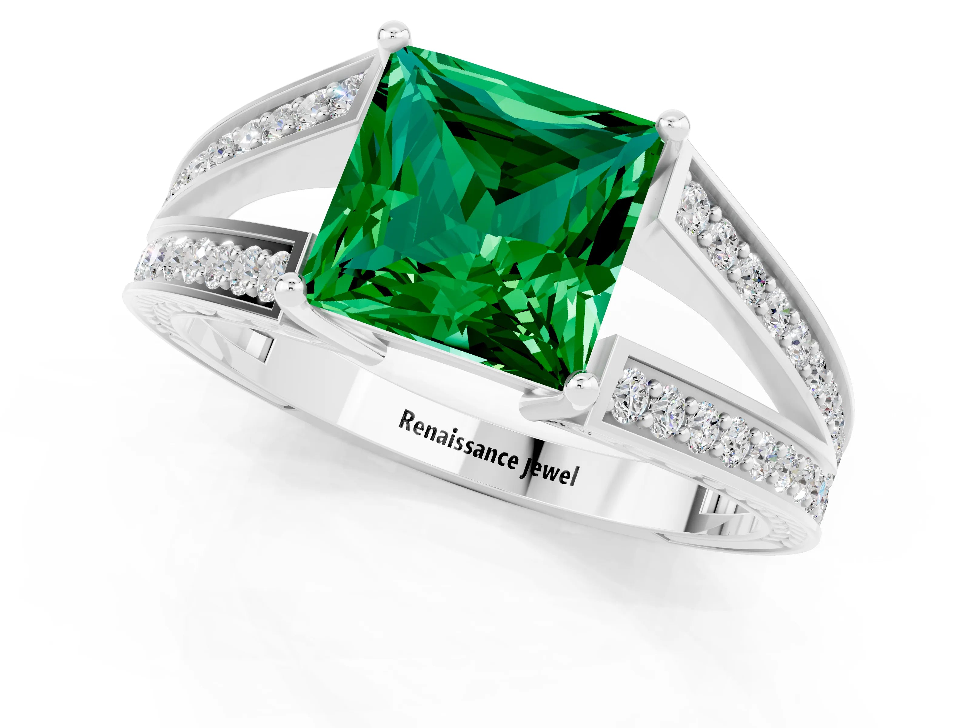 White gold Princess Cut Emerald Split Shank Ring with Pavé Band and Four-Prong Setting_1